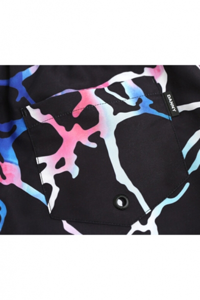 Designer Black Color Block Pattern Swim Trunks Bathing Shorts with Mesh Lining