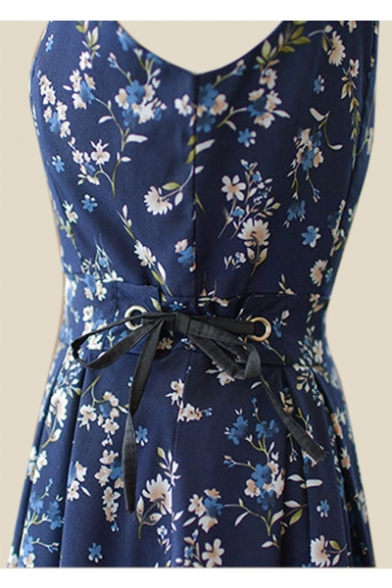 Floral Printed Spaghetti Straps Sleeveless Tied Back Mini Cami Dress