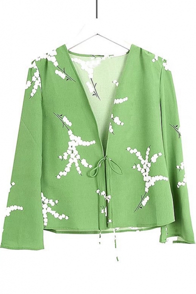 Floral Printed V Neck Long Sleeve Tied Front Blouse