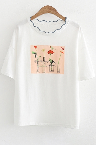 Floral Printed Wave Round Neck Short Sleeve Tee