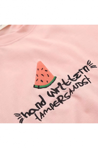 HAND WRITING Letter Watermelon Embroidered Round Neck Short Sleeve Tee