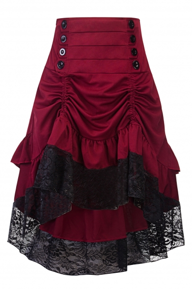 Lace Insert Buttons Embellished Ruched Detail Maxi Asymmetric Skirt