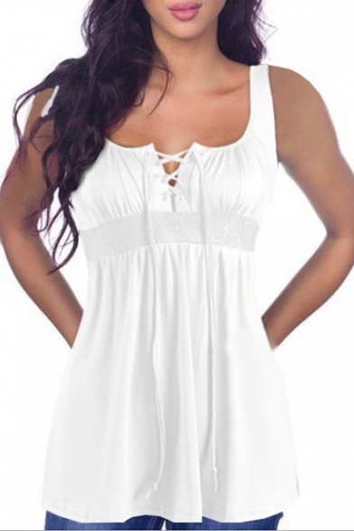 Lace Up Front Sleeveless Lace Insert Tank