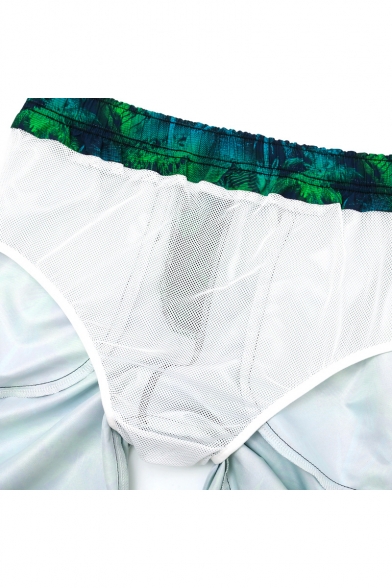 Men's Green and Blue Chic Leaf Tropical Print Bathing Shorts with Mesh Brief and Pockets