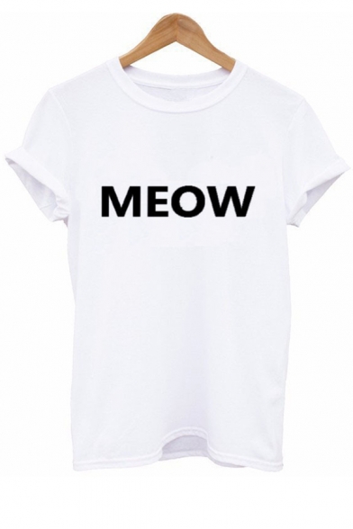 MEOW Letter Printed Round Neck Short Sleeve Tee