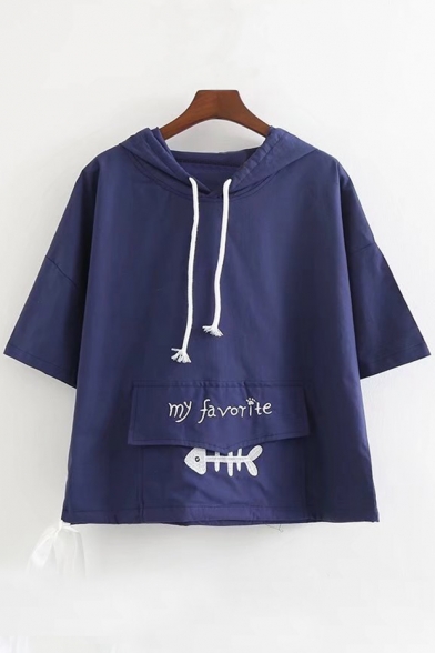 

MY FAVORITE Fish Bone Embroidered Short Sleeve Hooded Tee with Pocket, Pink;light blue;navy