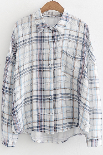 Plaid Stand Collar Long Sleeve Single Pocket Front Shirt