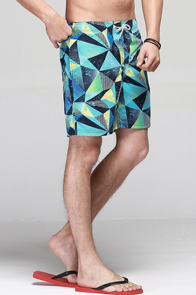 Pop Quick Drying Turquoise Geometric Swim Trunks for Guys with Mesh Lined Pockets