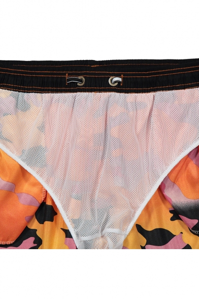 Popular Big and Tall Black and Orange Drawcord Camouflage Swim Trunks with Mesh Liner and Pockets