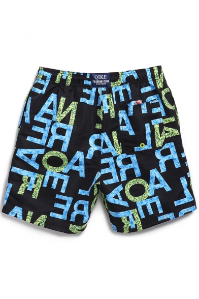Quick Dry Black Stretch Men's Letter Printed Bathing Suit Shorts with Mesh Lining Pockets