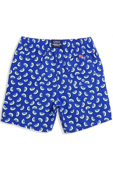 Top Rated Mens Royal Blue Melon Pattern Swim Trunks with Mesh Lining Pockets