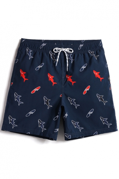 Trendy Navy Blue Fast Drying Drawcord Shark Fish Beach Shorts for Men with Mesh Brief