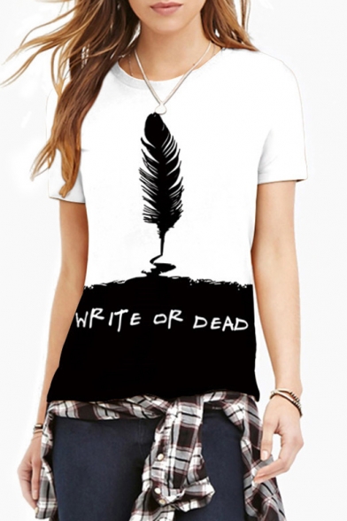 WRITE OR DEAD Letter Feather Pen Color Block Printed Round Neck Short Sleeve Tee