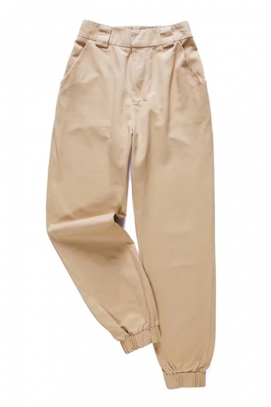 Basic Plain Elastic Waist Loose Elastic Cuff Pants