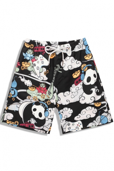 Best Price Quick Drying Mens Black Panda Printed Swimsuit Shorts with Mesh Lined Pockets