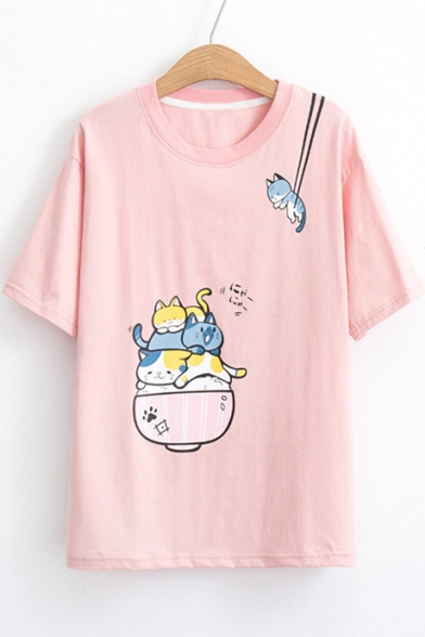 Bowl Cats Printed Round Neck Short Sleeve Tee