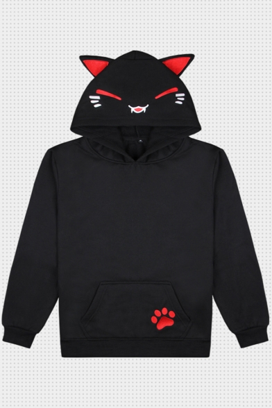 Cat Embroidered Ears Embellished Long Sleeve Hoodie