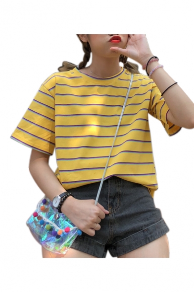 Chic Leisure Striped Printed Round Neck Short Sleeve Tee