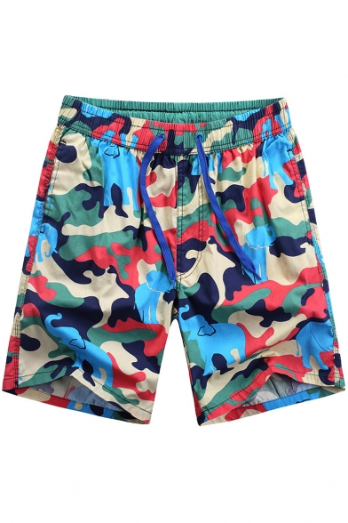 Chic Men's Camo Pattern Khaki Bathing Suits with Hook and Loop Pockets