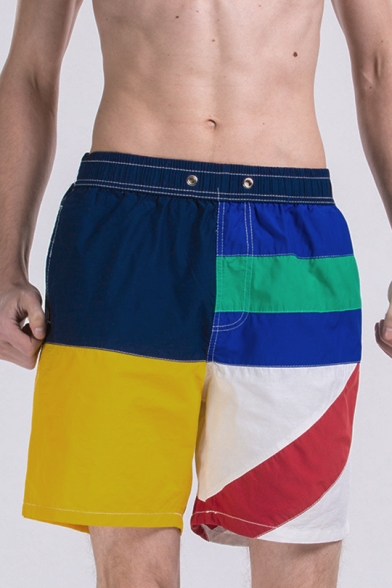 Classic Elastic Blue and Yellow Color Block Swim Shorts with Drawstring and Pockets