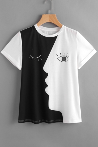 Color Block Face Printed Round Neck Short Sleeve Tee