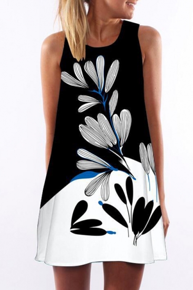 Color Block Leaves Printed Round Neck Sleeveless Mini A-Line Dress