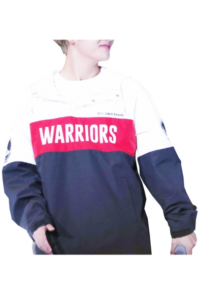 Color Block WARRIORS Letter Printed Long Sleeve Buttons Embellished Hoodie