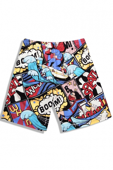 Cool Mens Fast Drying Comic Cartoon Pattern Swim Trunks with Side Pockets