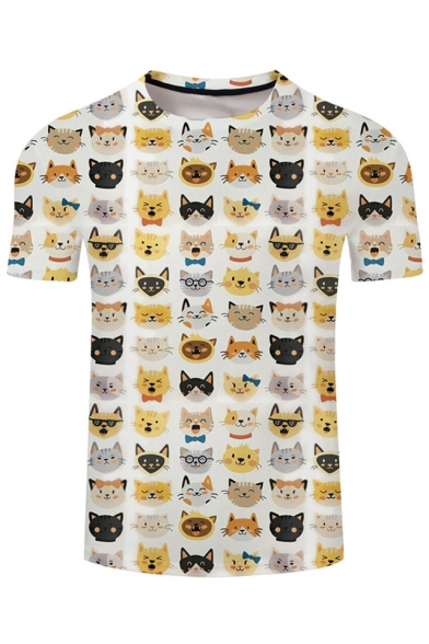 Cute Cats Printed Round Neck Short Sleeve Tee