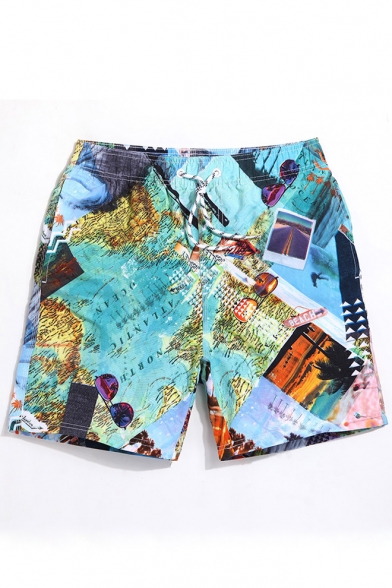 Fashion Men's Green Colorblock Graphic Swim Shorts for Summer with Lined Side Pockets