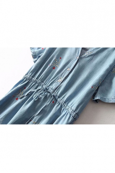 Floral Embroidered V-Neck Short Sleeve Drawstring Elastic Waist Midi Dress