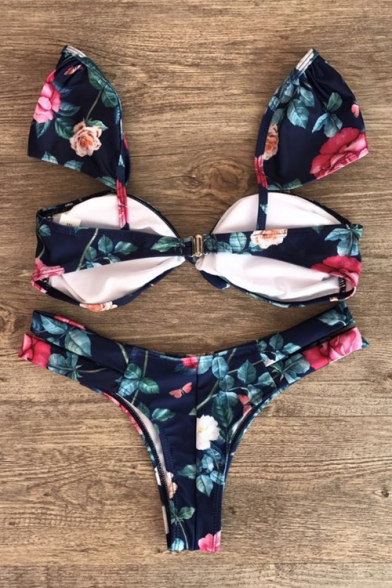 Floral Printed Bow Front Top Cutout Side Bottom Bikini