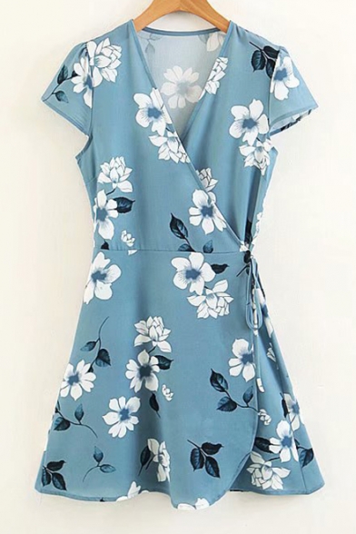 

Floral Printed Wrap Tie Side Short Sleeve Dress