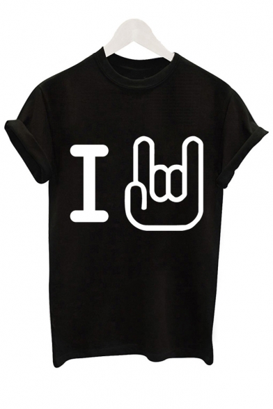 I Letter Gesture Printed Round Neck Short Sleeve Tee