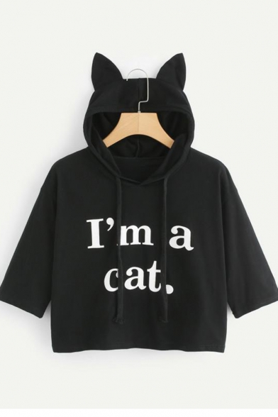 I'M A CAT Letter Printed Short Sleeve Rabbit's Ears Embellished Hooded Tee