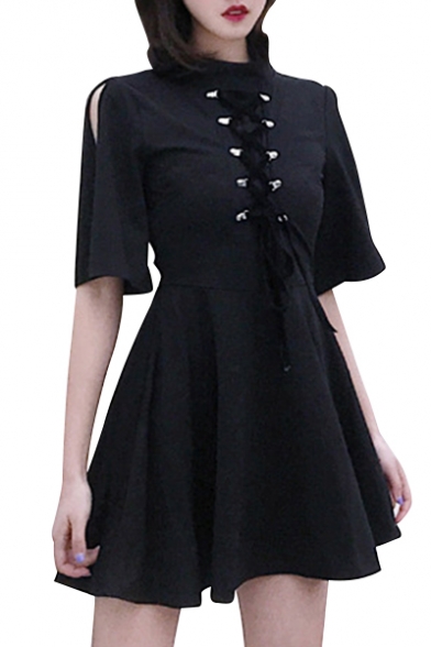Lace Up Front Embellished Round Neck Hollow Out Short Sleeve Mini A-Line Dress