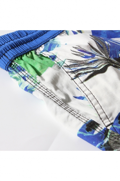 Mens Designer Blue Fast Drying Drawstring Tropical Leaf Bathing Trunks with Cargo Pocketsnd Loop Pockets