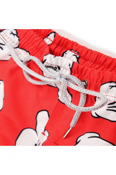Mens Red Plus Size Cartoon Hand Pattern Bathing Shorts with Mesh Lining Pockets