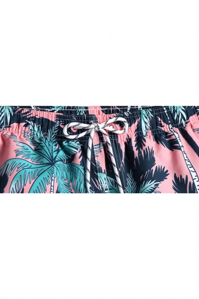 Mens Summer Short Pink Palm Plant Swim Shorts Beachwear with Liner and Pockets
