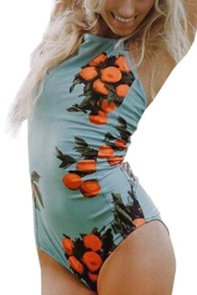 Orange Printed Lace Up Back Sleeveless One Piece Swimwear