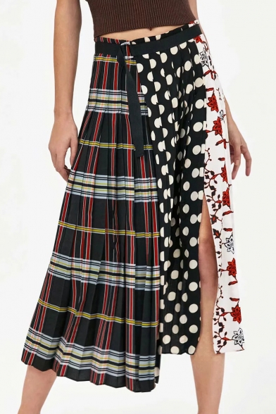 Plaid Floral Polka Dot Printed Patchwork Maxi Asymmetric Skirt