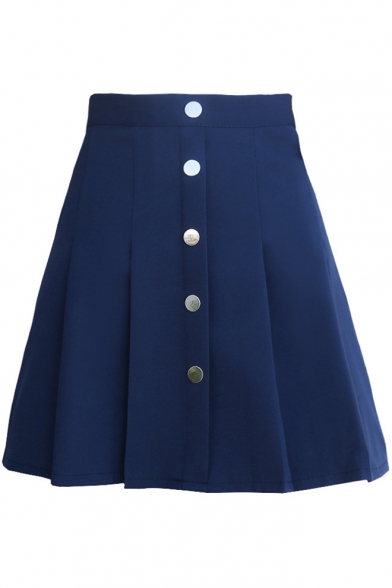 Plain Buttons Down High Waist Mini A-Line Pleated Skirt