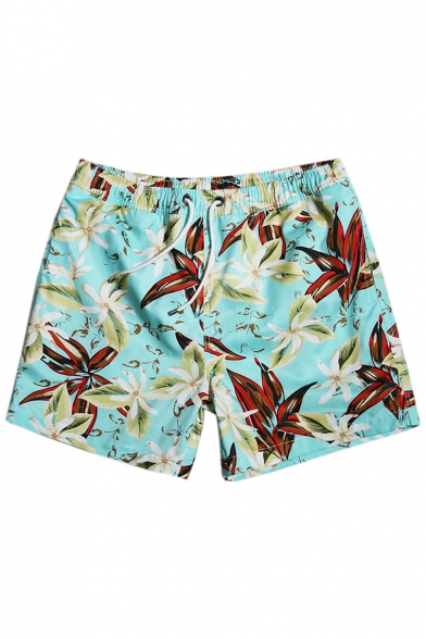 Popular Fast Drying Bright Blue Floral Tropical Print Swim Trunks with Mesh Liner