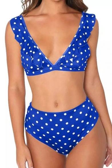 Ruffle Detail Polka Dot Printed Sleeveless V Neck Top with High Waist Bottom Bikini