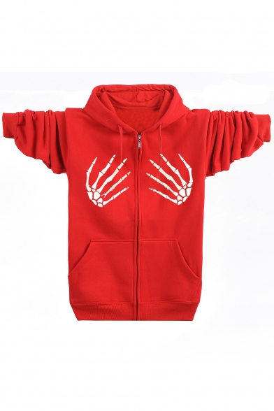 Skeleton Hands Zipped Long Sleeve Hooded Coat with Double Pockets