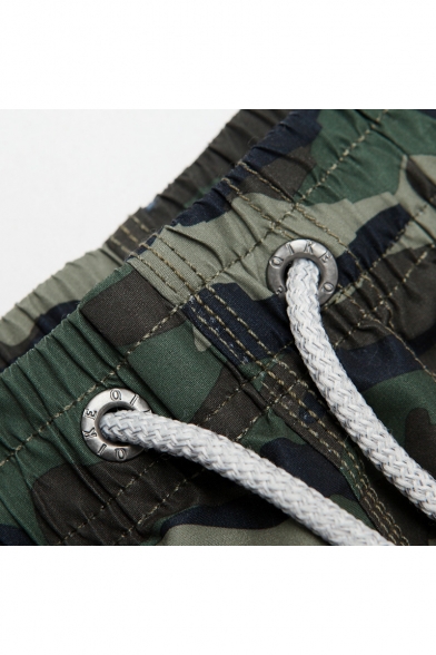 Stretch Drawstring Green Camo Swim Shorts with Back Hook and Loop Pockets and Drain Hole