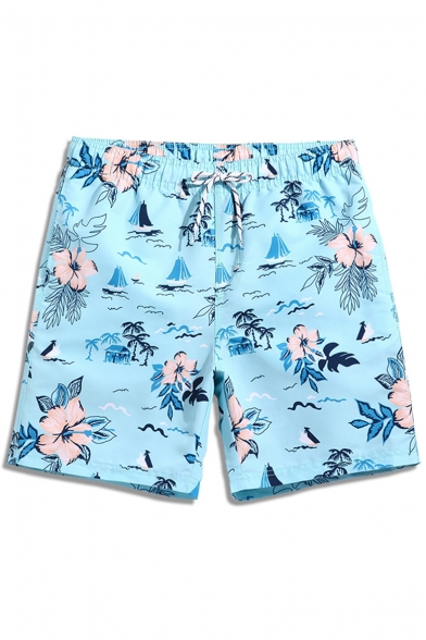 Unique Elastic Sky Blue Floral Tree Pattern Swim Trunks for Male with Pockets