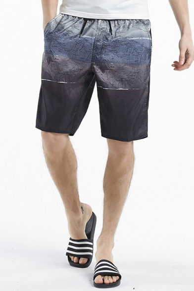 Unique Fast Dry Blue Map Color Block Printed Swimming Shorts with Drawcord and Pockets