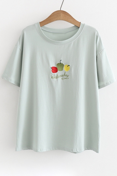 Vegetables Letter Embroidered Round Neck Short Sleeve Tee