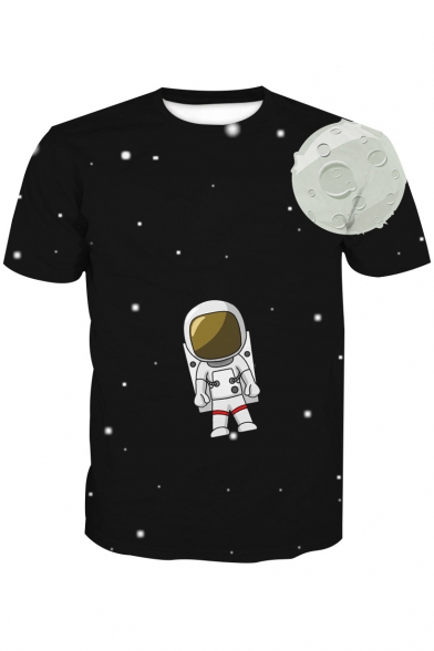 Cartoon Astronaut Moon Printed Round Neck Short Sleeve Tee